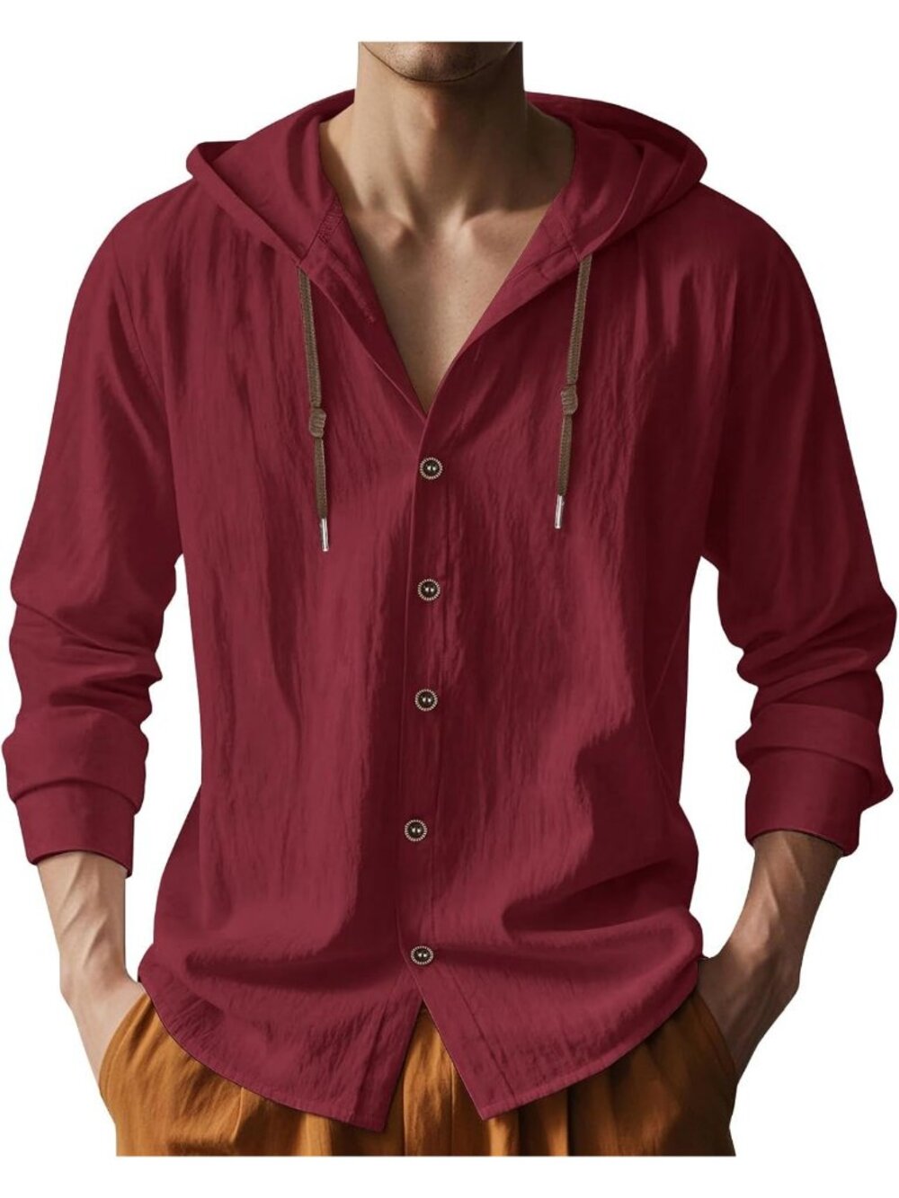 Men's Burgundy Cotton Linen Long Sleeve Casual Lightweight Button Down Hoodie